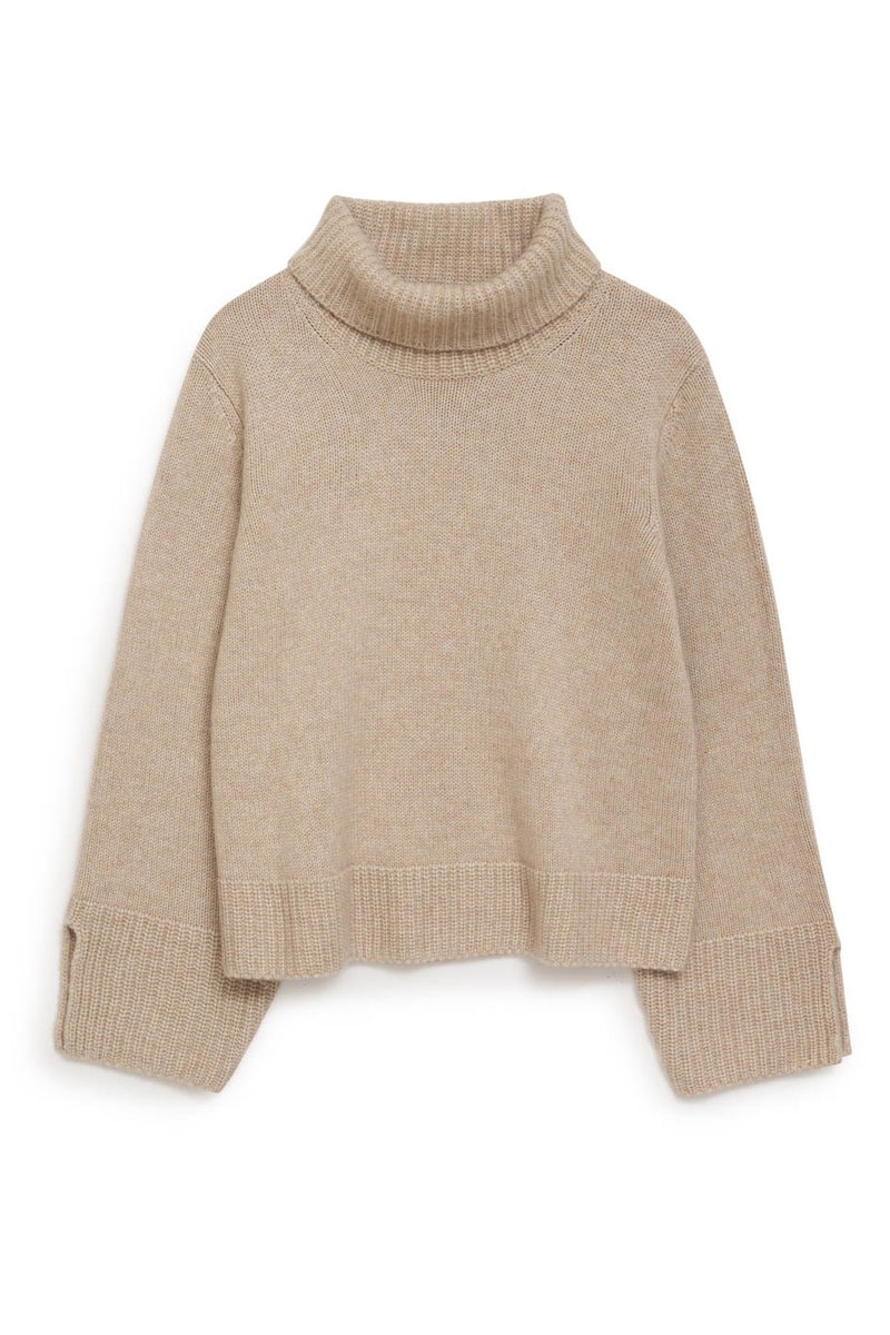 Cozy Cashmere Turtleneck Sweater in Camel - front flat