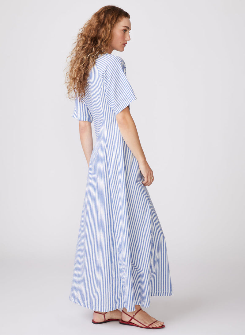 Stateside Stripe Poplin Maxi Shirt Dress in Denim - side back