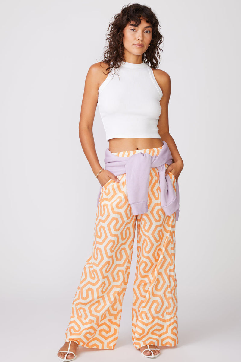 Geo Print Voile Wide Leg Pant in Cantaloupe - front wrapped sweatshirt at waist