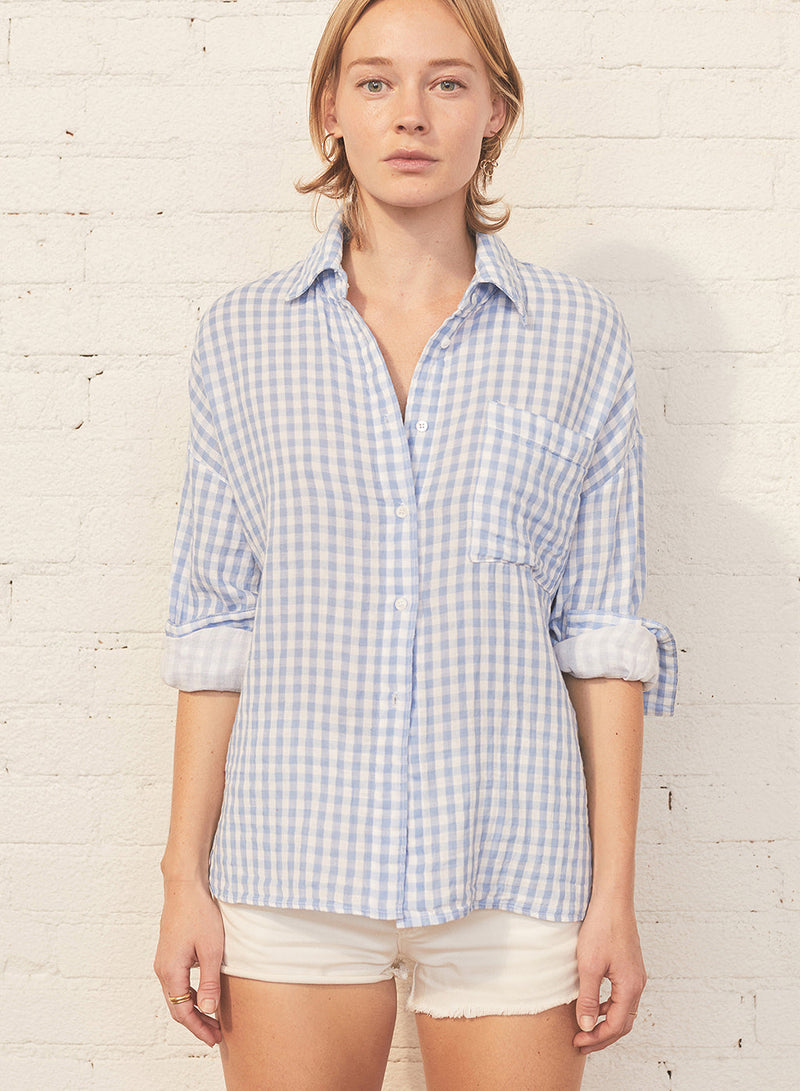 Gingham Double-Faced Gauze Oversized Shirt in White - front view straight