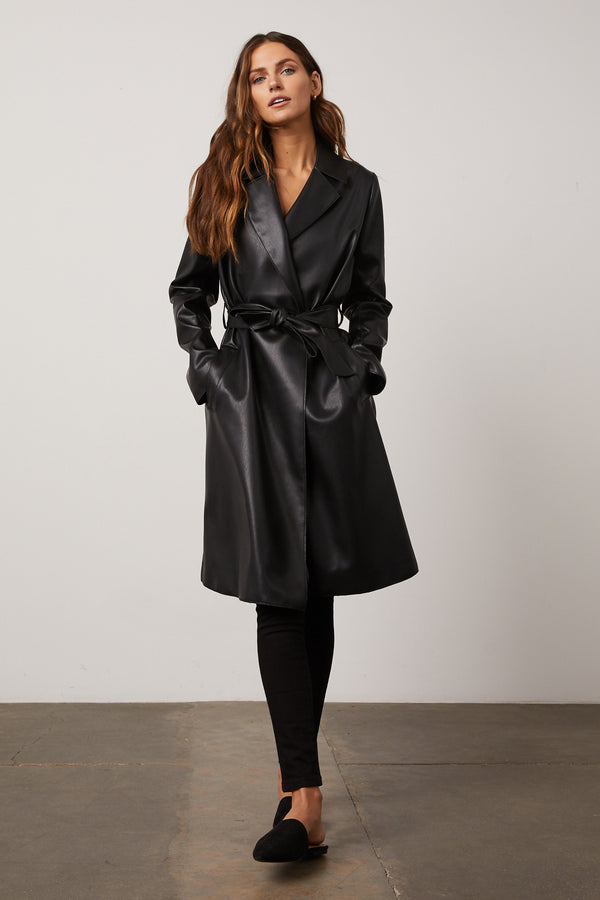 Freya Vegan Leather Eco Trench in Black -front tied