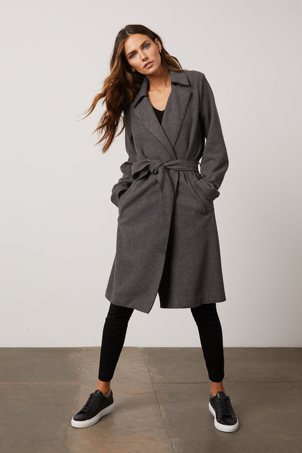 Freya Knit Trench in Anthracite  front tied at waist