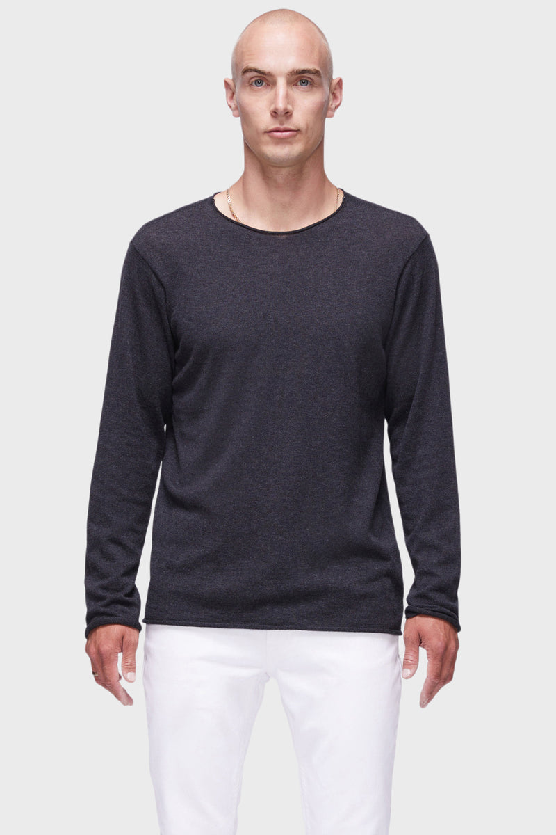 Unisex Long Sleeve Crewneck Sweater with Rolled Edges in Dark Heather - close up