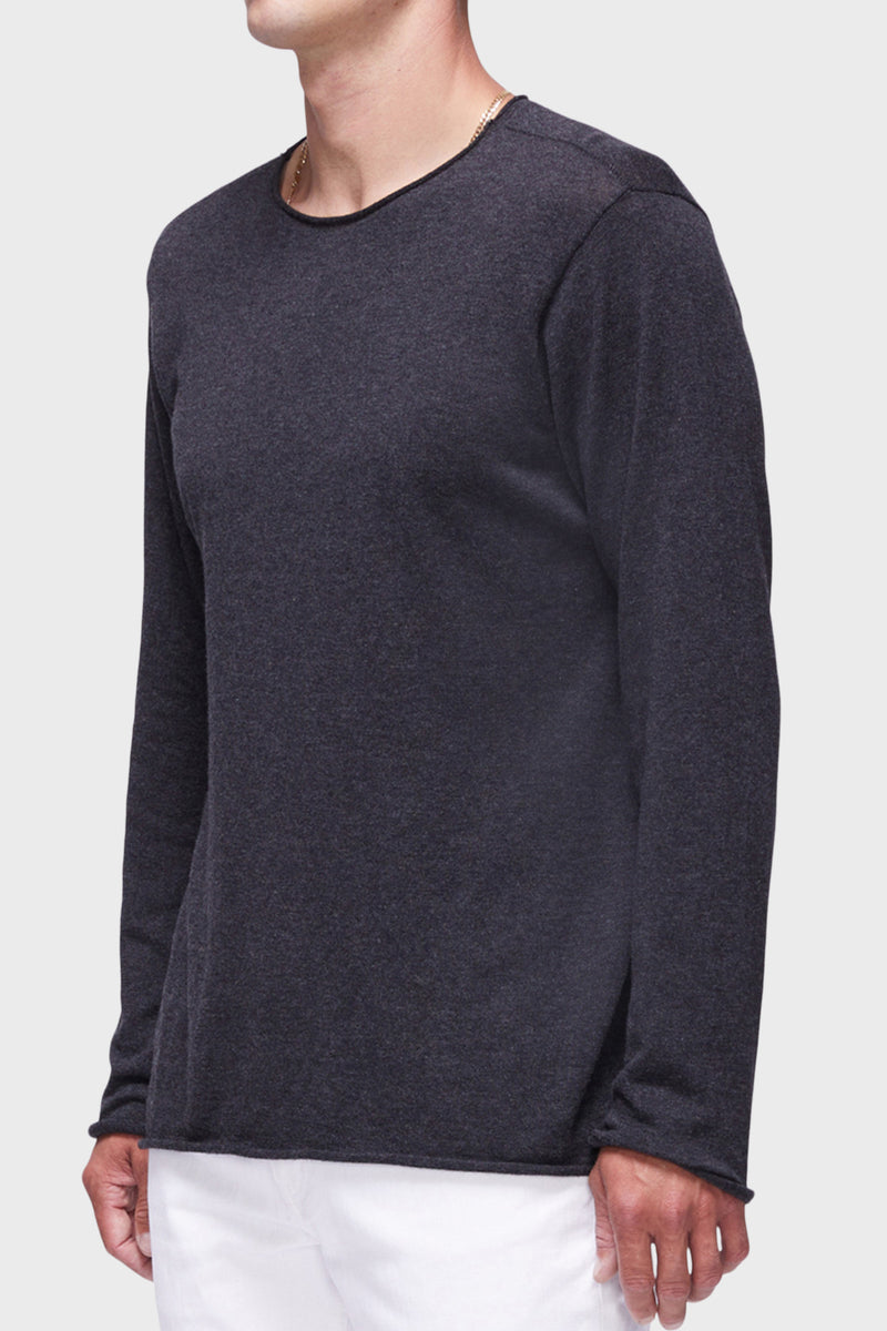 Unisex Long Sleeve Crewneck Sweater with Rolled Edges in Dark Heather - side