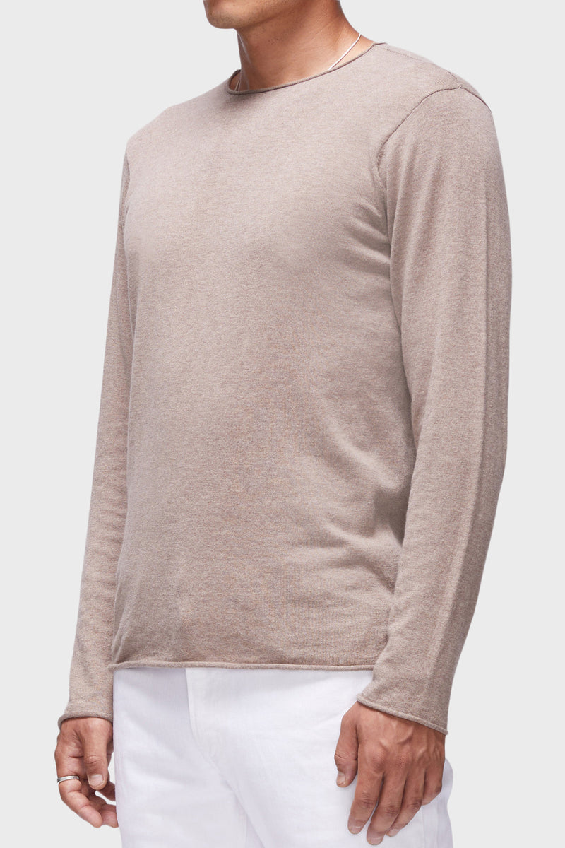 Unisex Long Sleeve Crewneck Sweater with Rolled Edges in Camel - side
