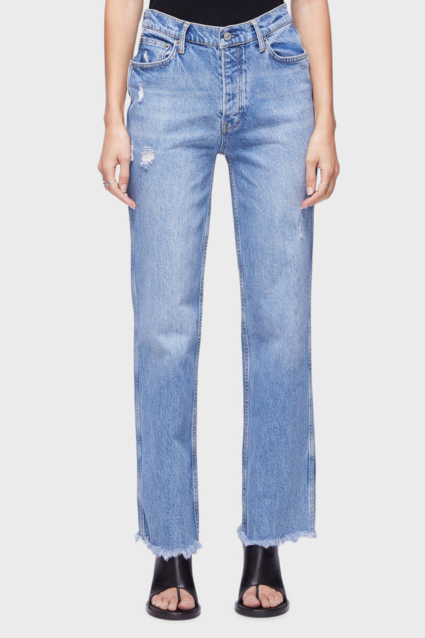 Women's RLXD Straight Jean in Vintage Blue Frayed Hem - front close up