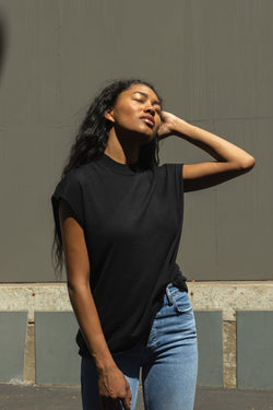 DSTLDS Unisex Muscle Tee in Black - Front Tucked